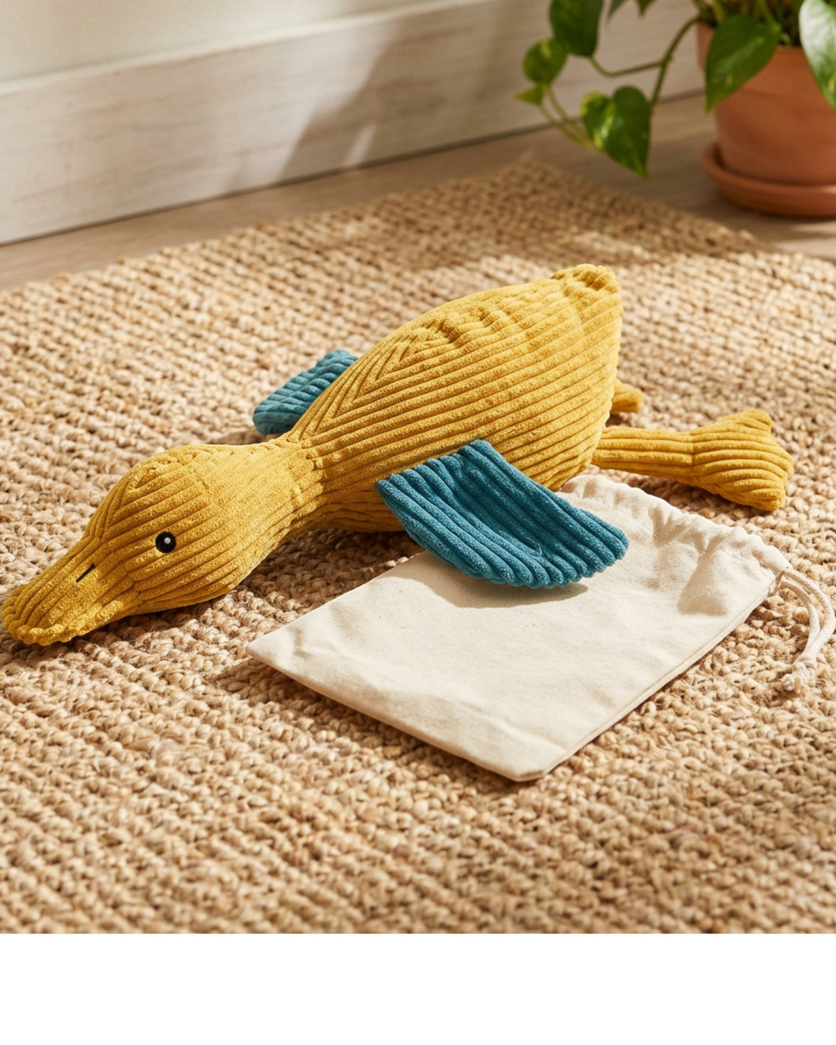 Ldivp Corduroy Crinkle Duck Dog Toy Mustard Teal 30 cm - Lifestyle view